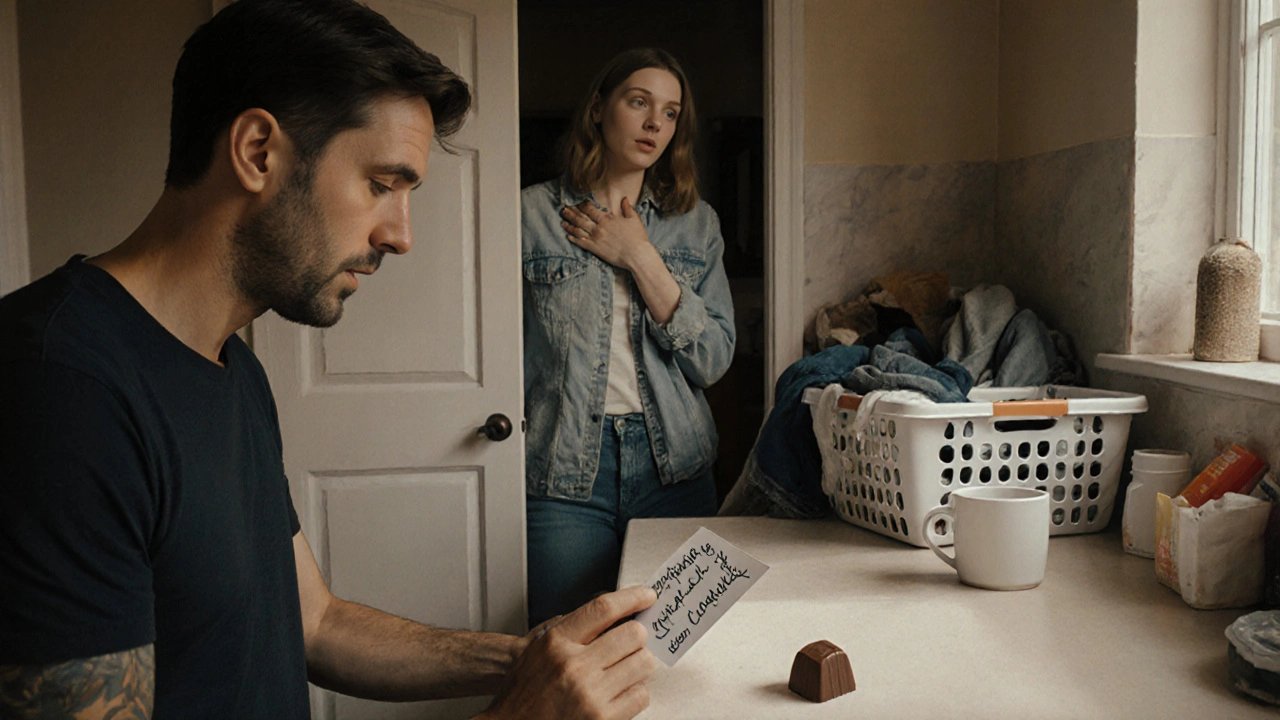 Een vrouw staat verbaasd in de deurdeur terwijl een briefje en een chocolade op de keukenkast staan, een teken van begrip.