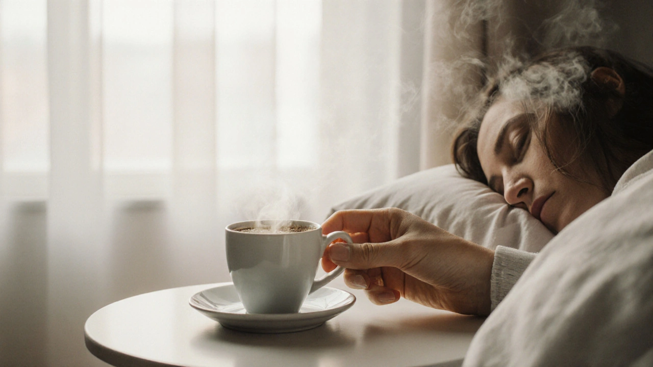 Een vrouw zet een kop koffie neer bij een slapende man, zonder woorden, in de ochtendzon.