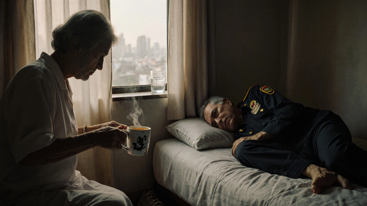 Een vrouw zet koffie voor haar man in een eenvoudige kamer, zijn schoenen staan netjes bij de deur.