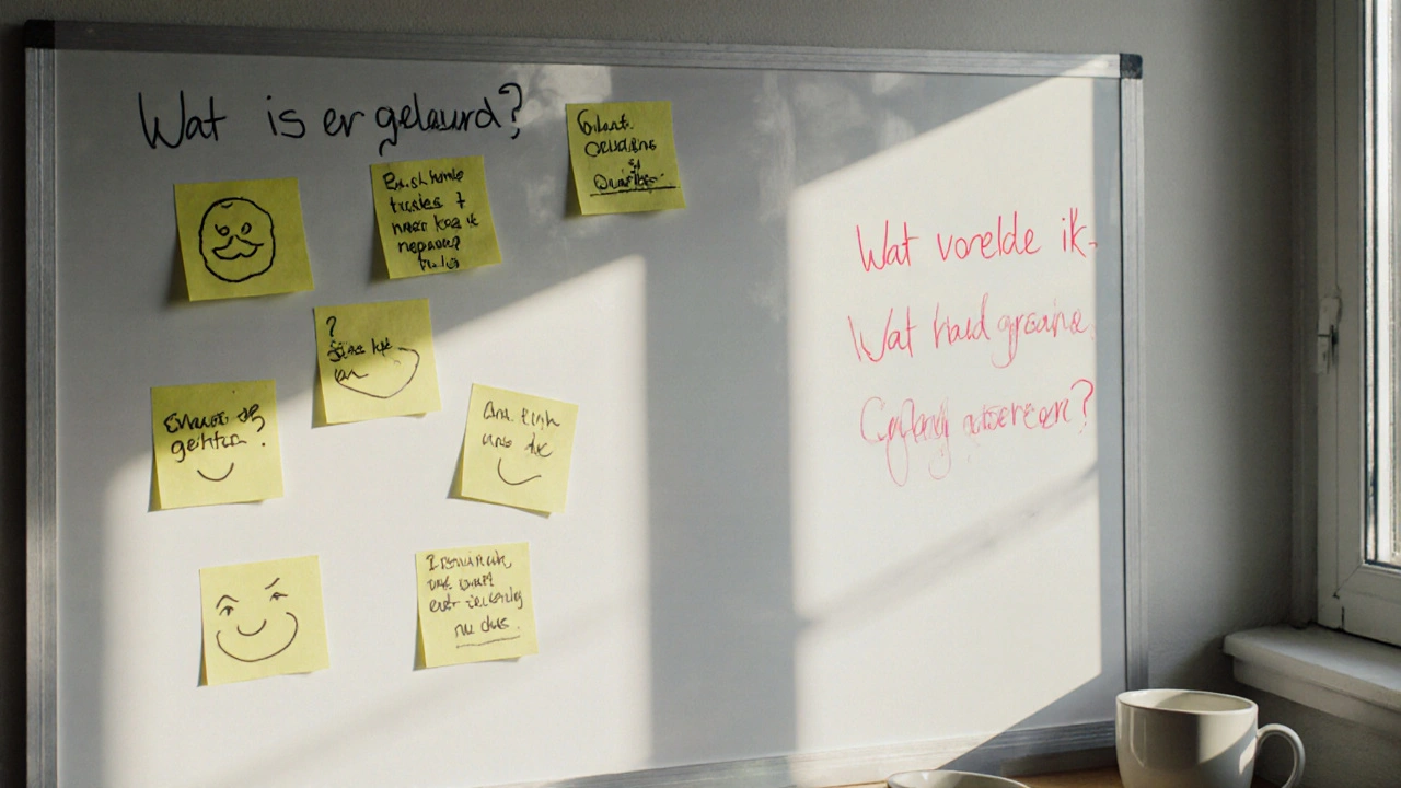 Een witbord met anonieme sticky notes over conflicten en emoties, zonder namen of beschuldigingen.