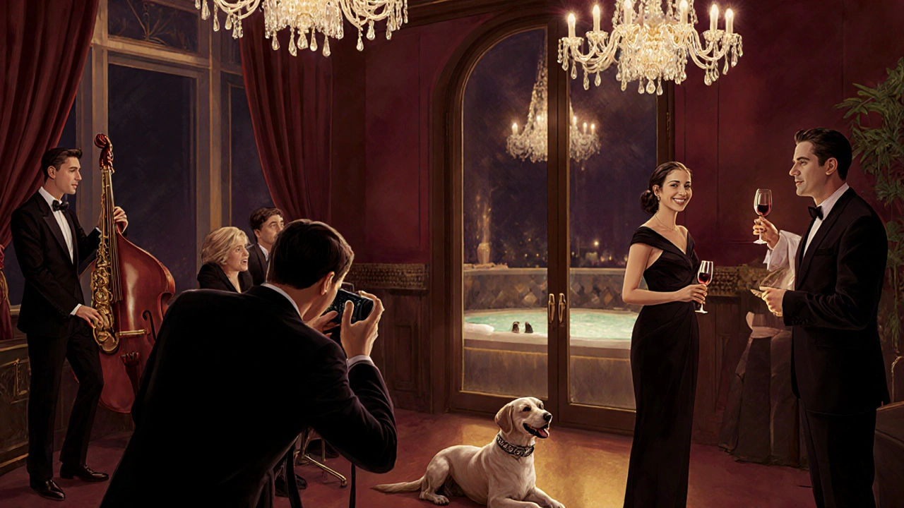 Elegante singles event met jazzmuziek, wijn en een hond bij een jacuzzi, luxe sfeer.