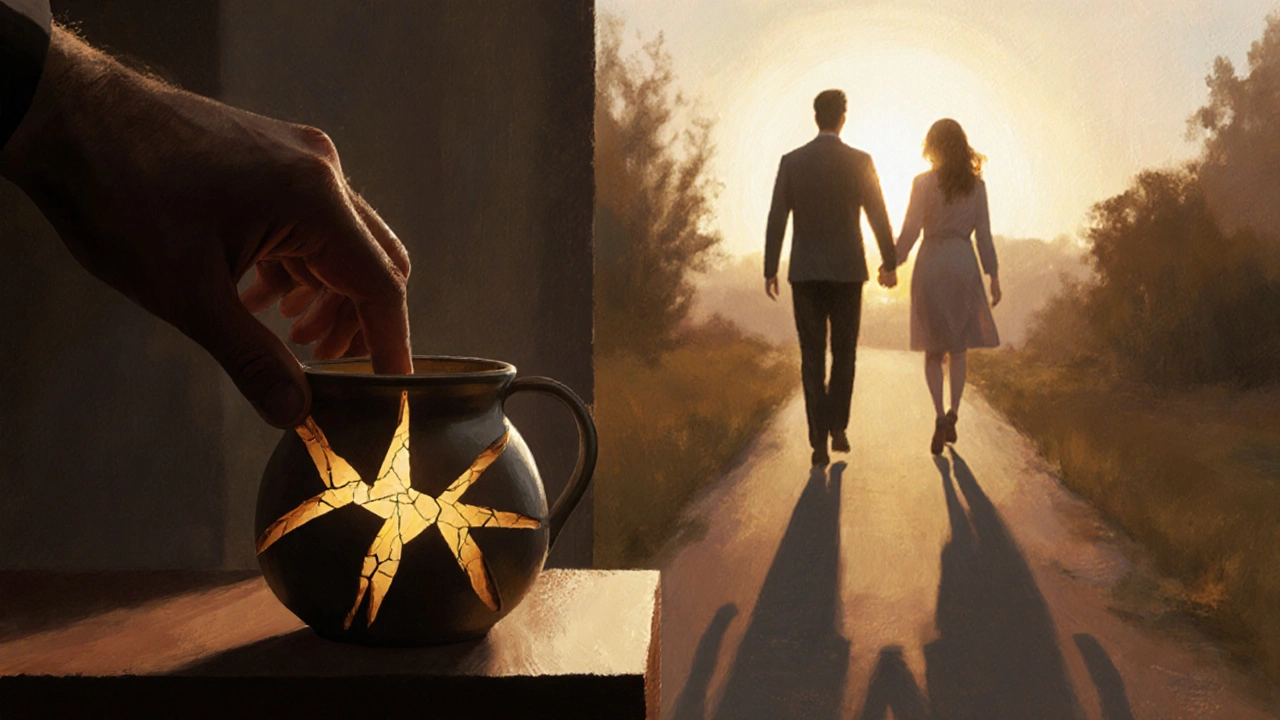 Hand repairing a cracked vase with golden light, couple walking together at sunrise, symbolizing healing.