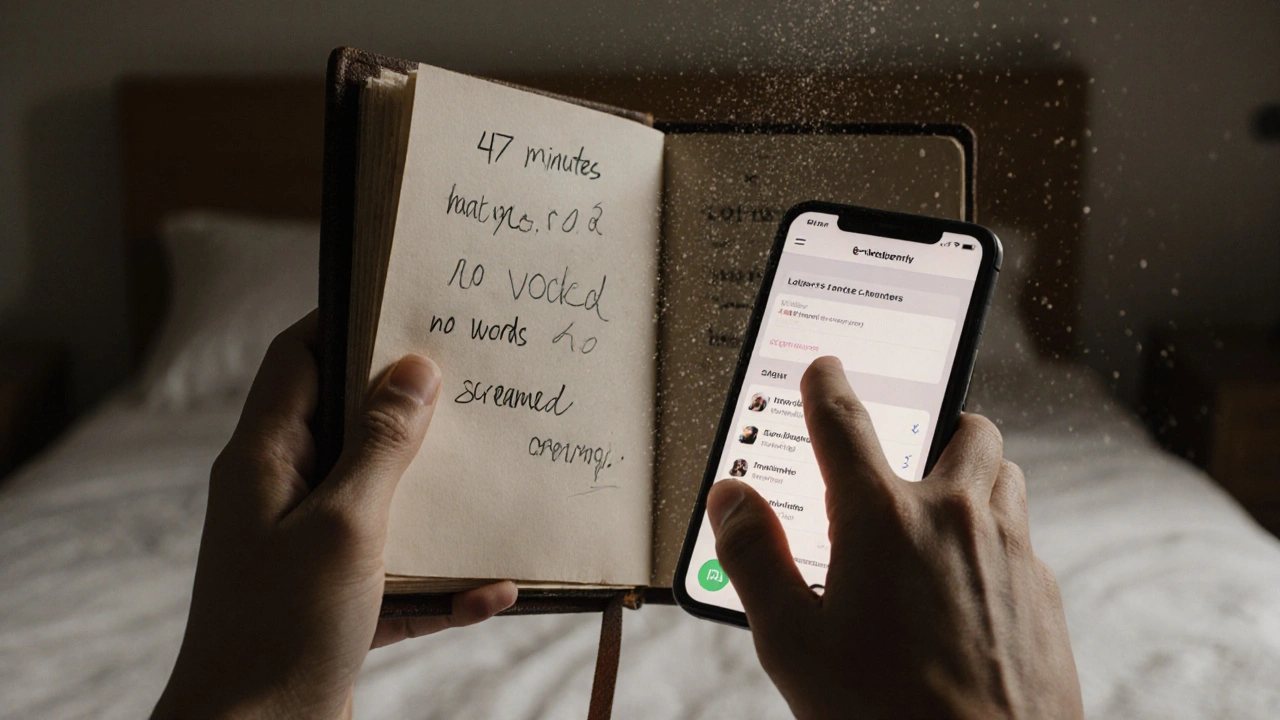 Handen met een notitieboek en een smartphone die een fantasie-app tonen, zacht licht van het scherm.
