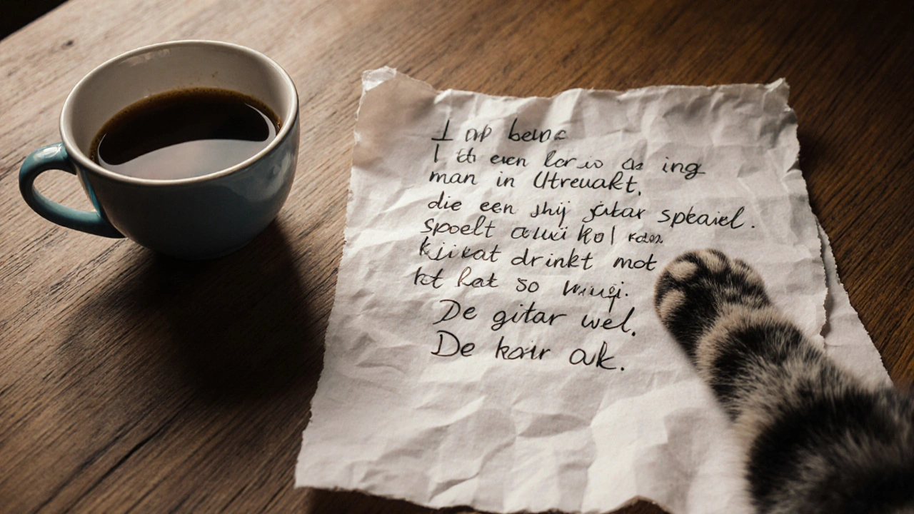 Handgeschreven datingbio op papier met koffiekop en kat erop, warme sfeer.