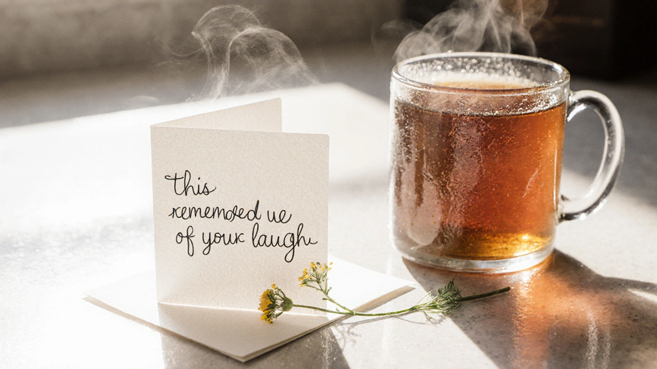 Handwritten note and wildflower beside a cup of tea, symbolizing thoughtful, personal love.