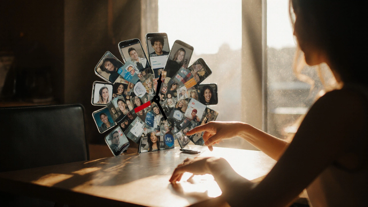 Klok gemaakt van telefoonschermen, waarin een echte hand naar een andere hand reikt over een tafel, zonder telefoons.