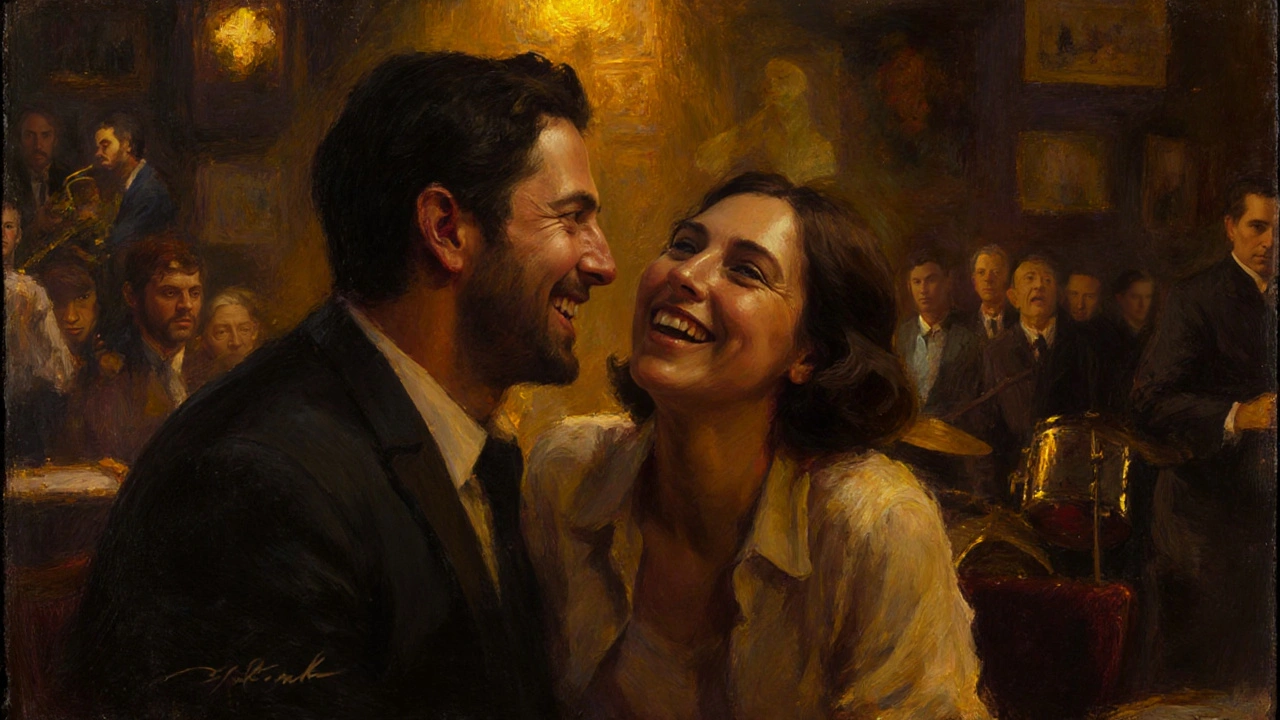 Man and woman laughing in a cozy jazz bar, warm lighting, respectful distance.