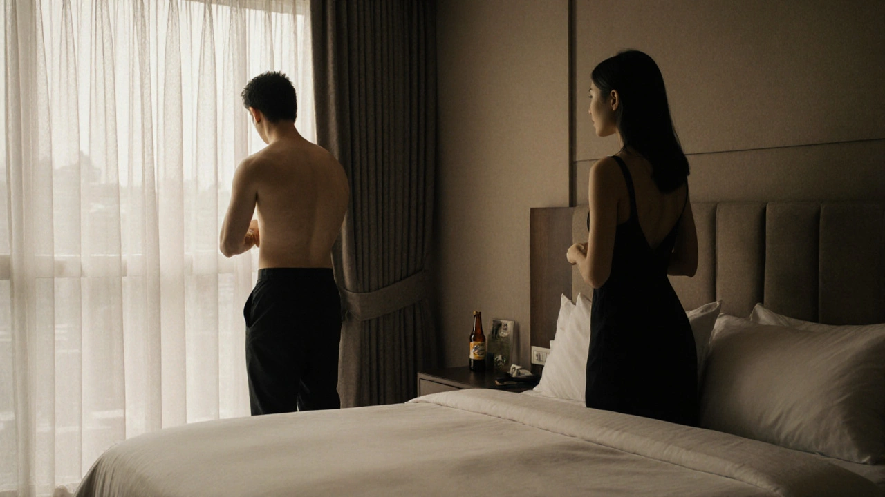 Man en vrouw in een Bangkok-hotelkamer, stil aan het aankleden na een nacht zonder verplichtingen.