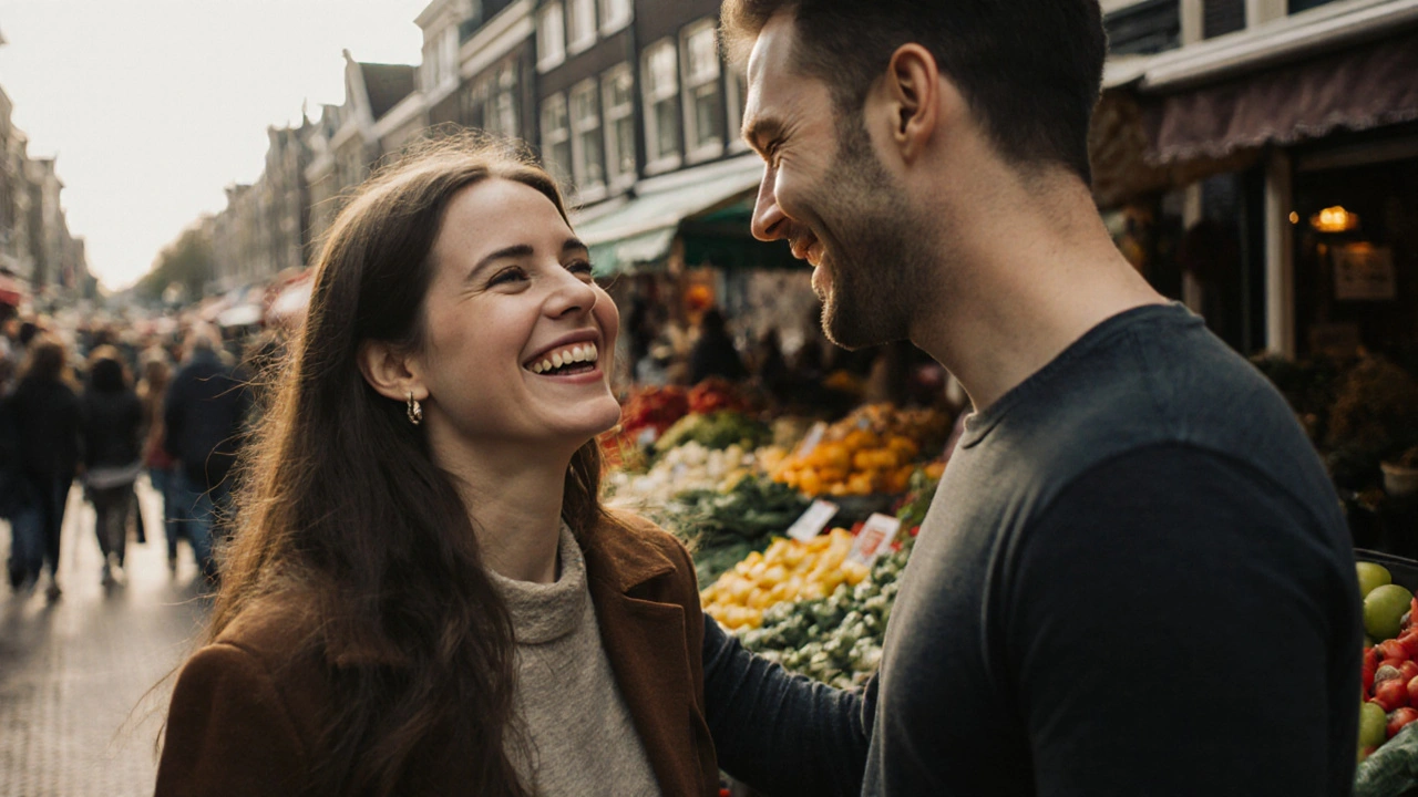 Man en vrouw lachen samen op een markt in Amsterdam, achtergrond met kleurrijke producten.