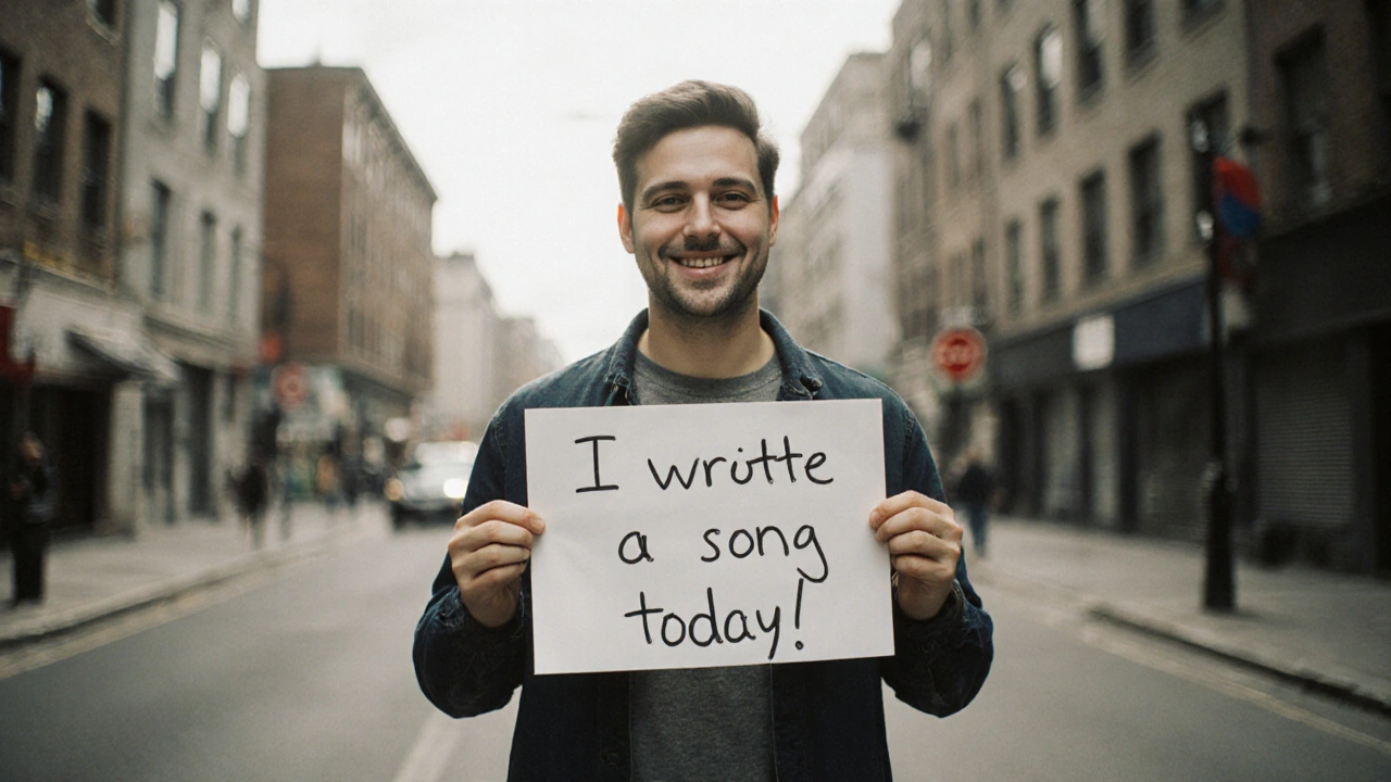 Man houdt een zelfgemaakte bordje met &#039;ik heb vandaag een liedje geschreven&#039; in een straat.