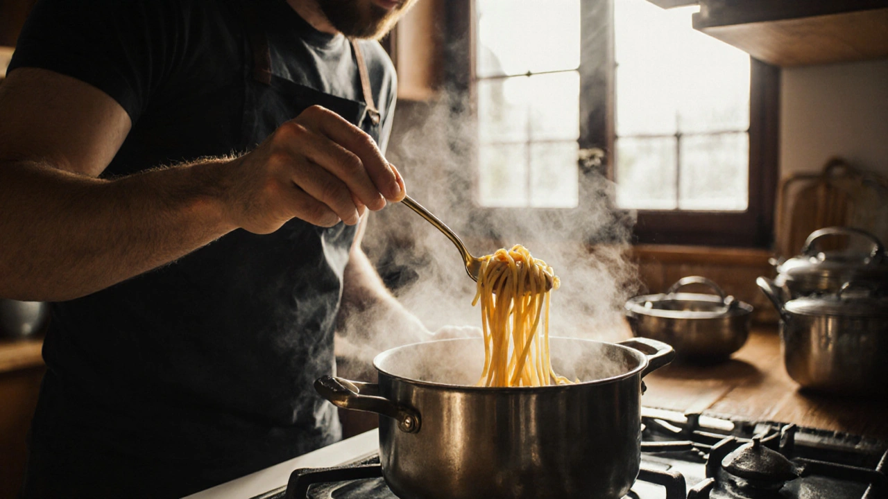 Man kookt pasta met een gouden lepel in een warme keuken, stoom stijgt uit de pan.