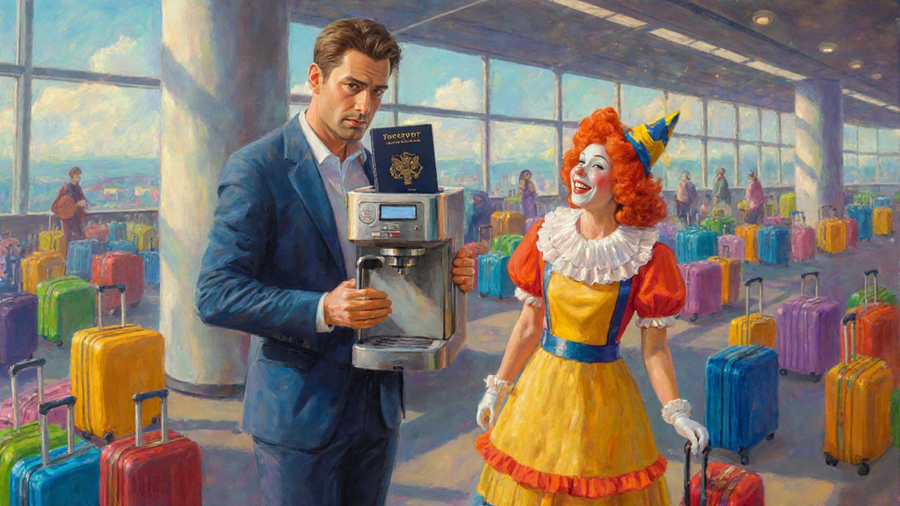 Man met paspoort in koffieautomaat, clownsfiguur lacht erbij op vliegveld.