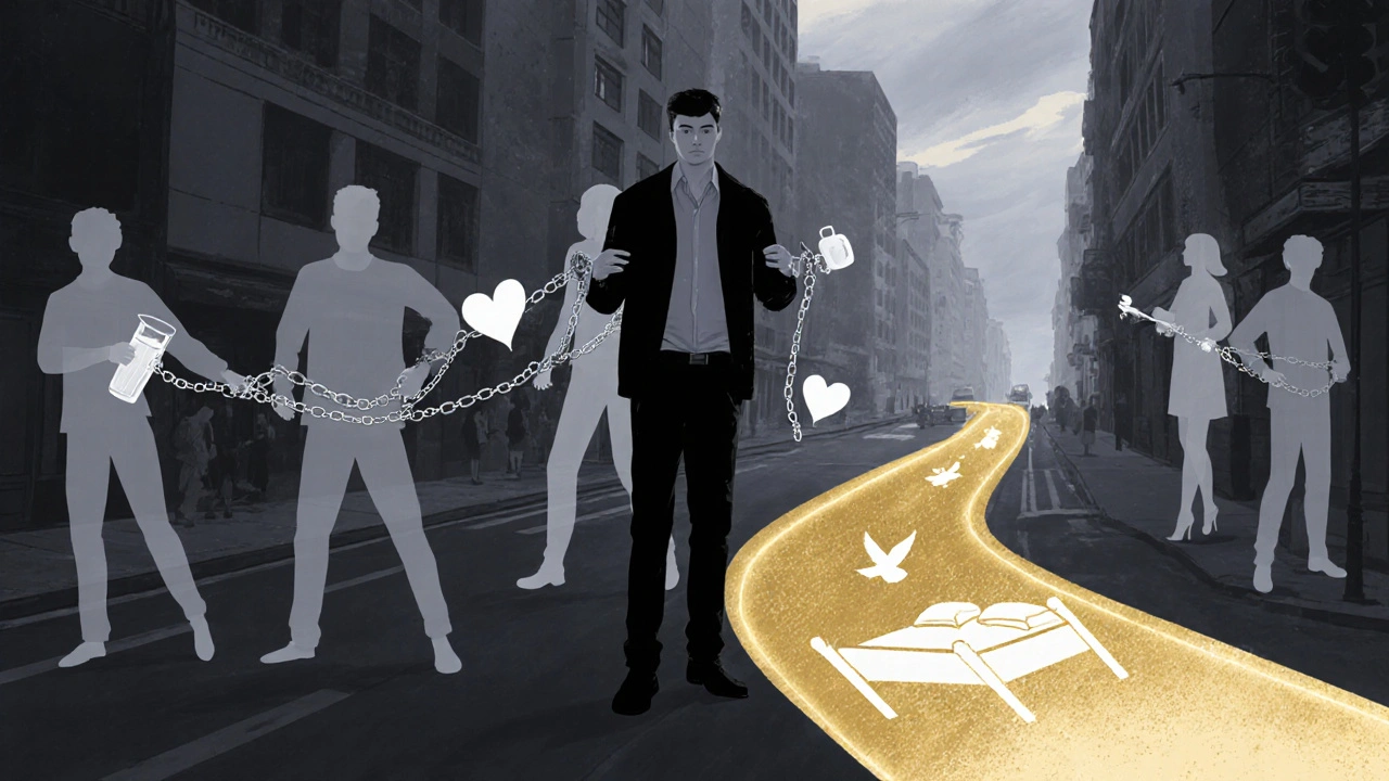 Man staat alleen op straat, losgemaakt van emotionele ketens, weg naar vrijheid.