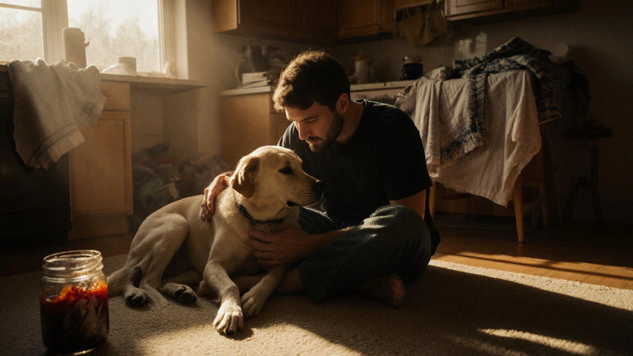 Man streelt zijn hond op de vloer, huiselijke omgeving met zelfgemaakte jam op de achtergrond.