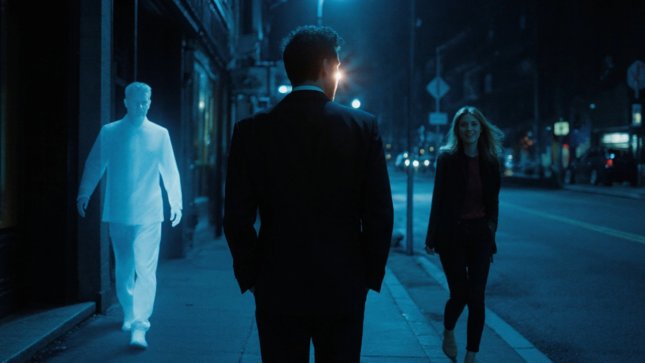 Man walking confidently at night, past fading ghost of ex-partner, toward new woman.