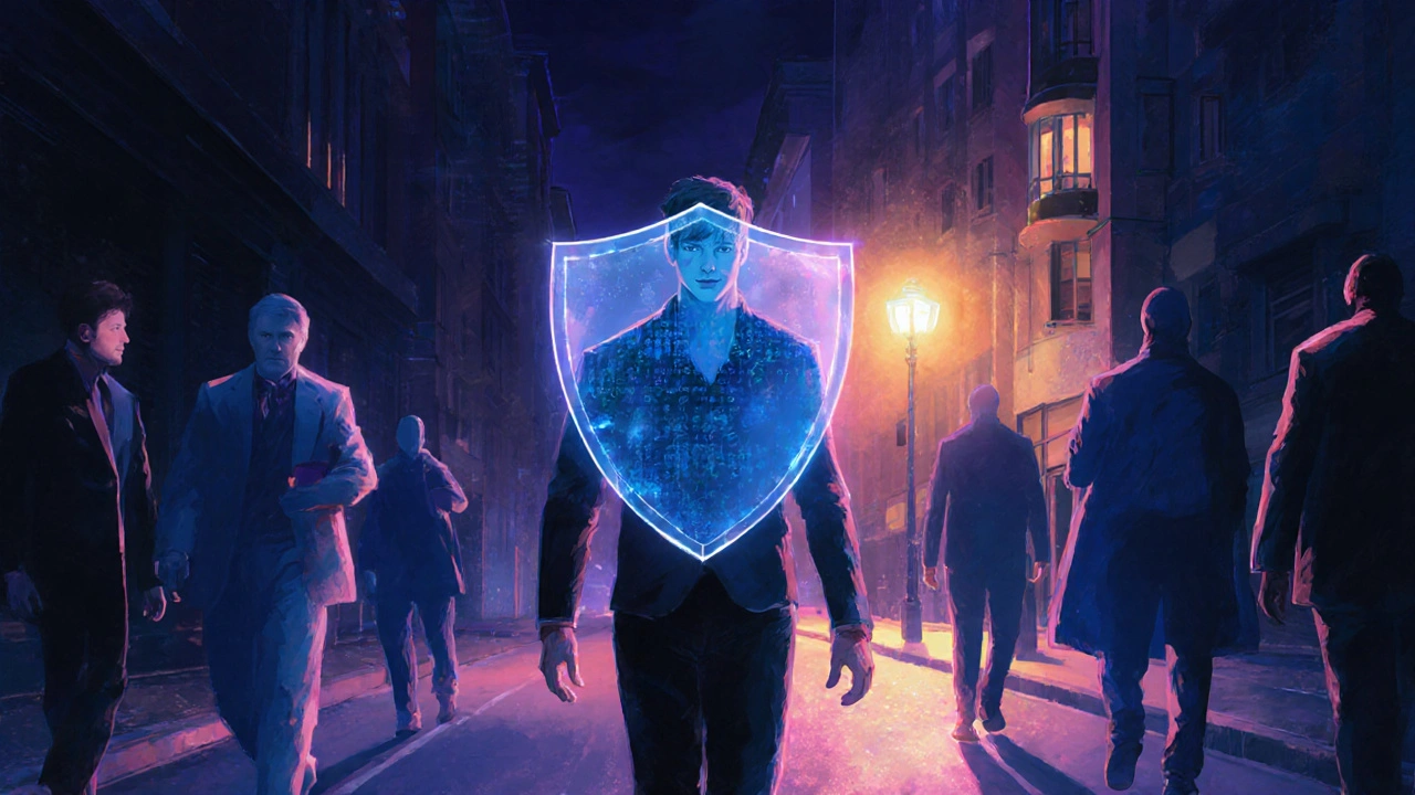 Man walking through city at night, surrounded by a shield of trust, dark shadows fading.