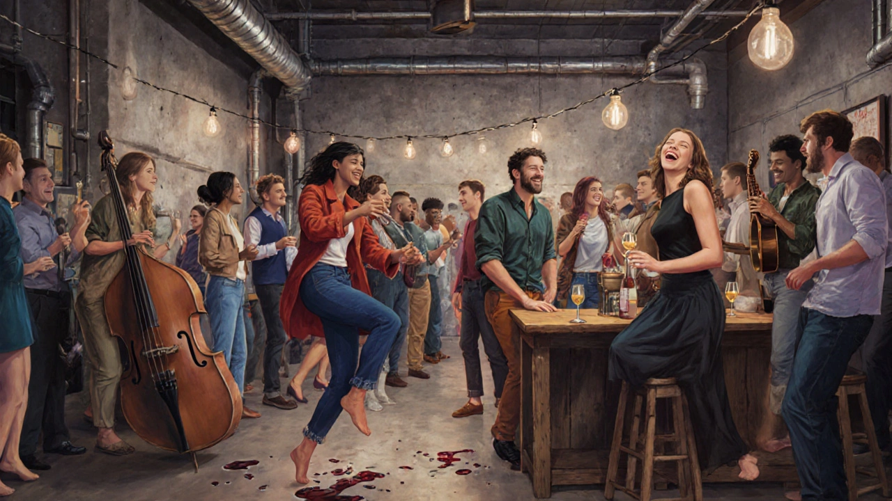 Mensen dansen en lachen in een industriële zaal met live jazz, schoenen uit, geen telefoons, echte verbinding.