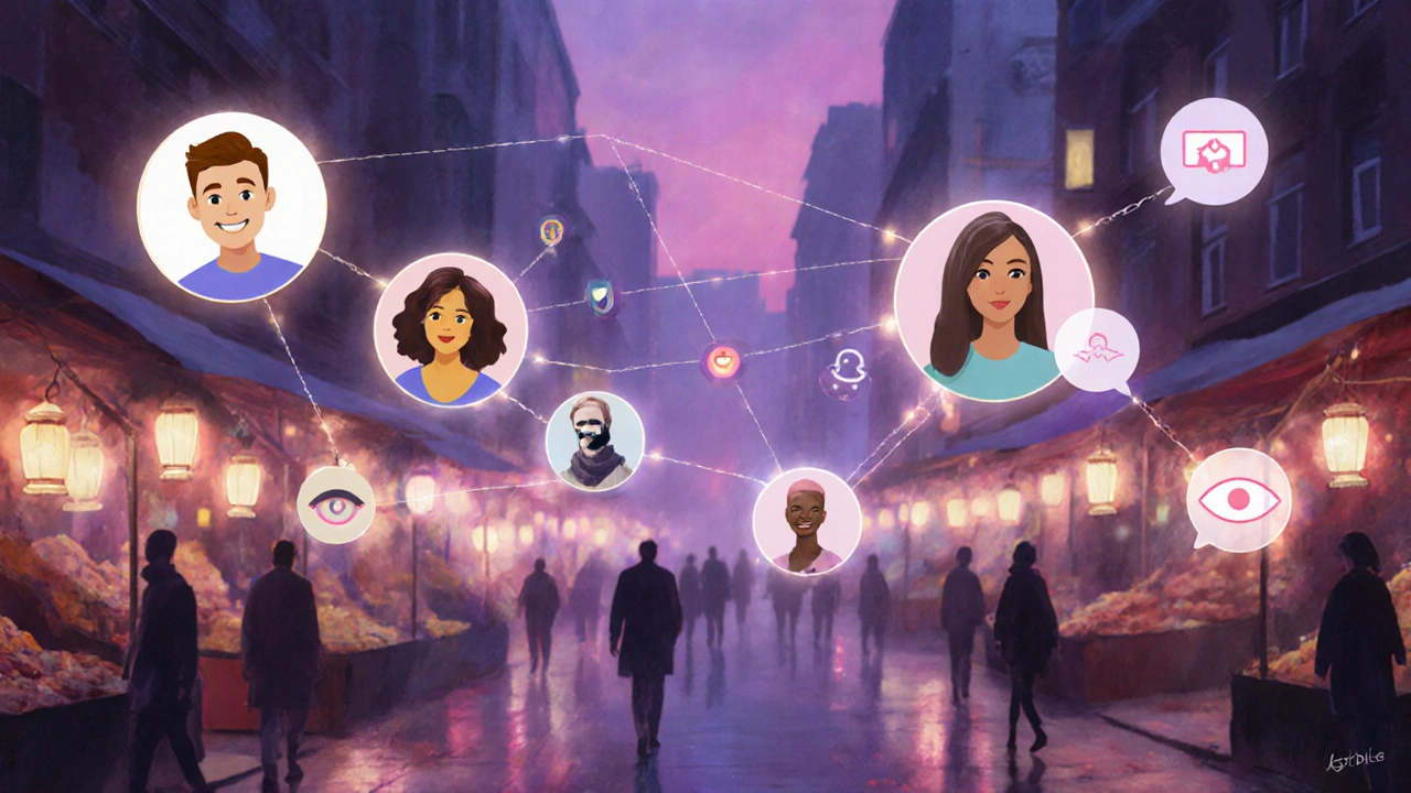 Surreale digitale markt met zwevende profielen die verlangens vertegenwoordigen, verlicht door zachte lichtjes.