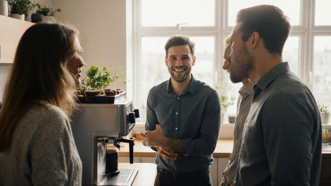 Teamleden lachen in de keuken terwijl iemand die eerder stil was nu zijn idee deelt.