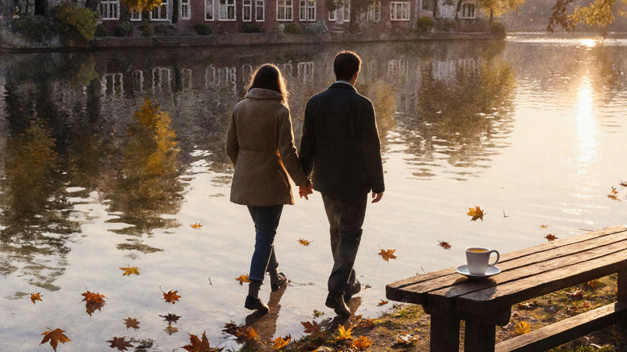 Twee figuren lopen zwijgend langs een meer bij zonsondergang, handen net losgelaten, stilte en hoop in de lucht.