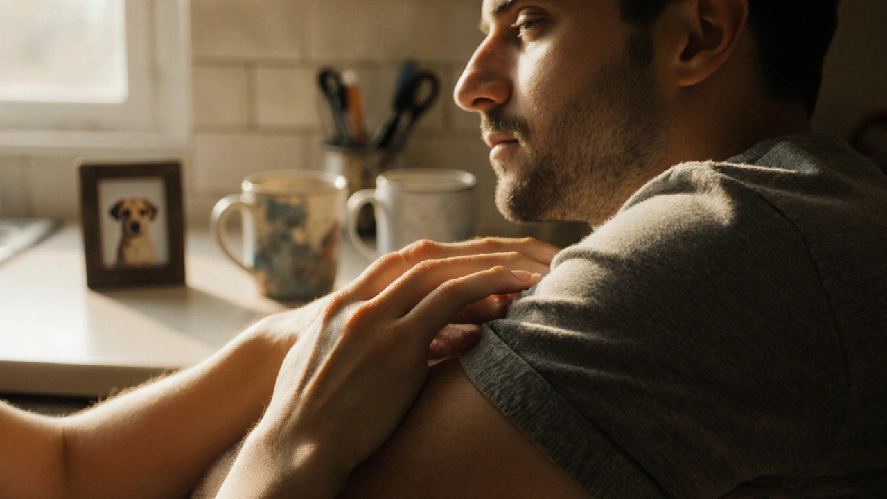 Twee handen in een moment van stilte en verbinding, een vrouw legt haar hand op de arm van haar partner.