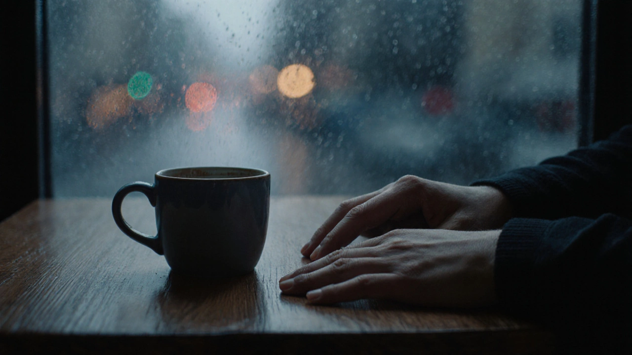 Twee handen op een houten tafel, een kop koffie en een open hand, regen buiten het raam.