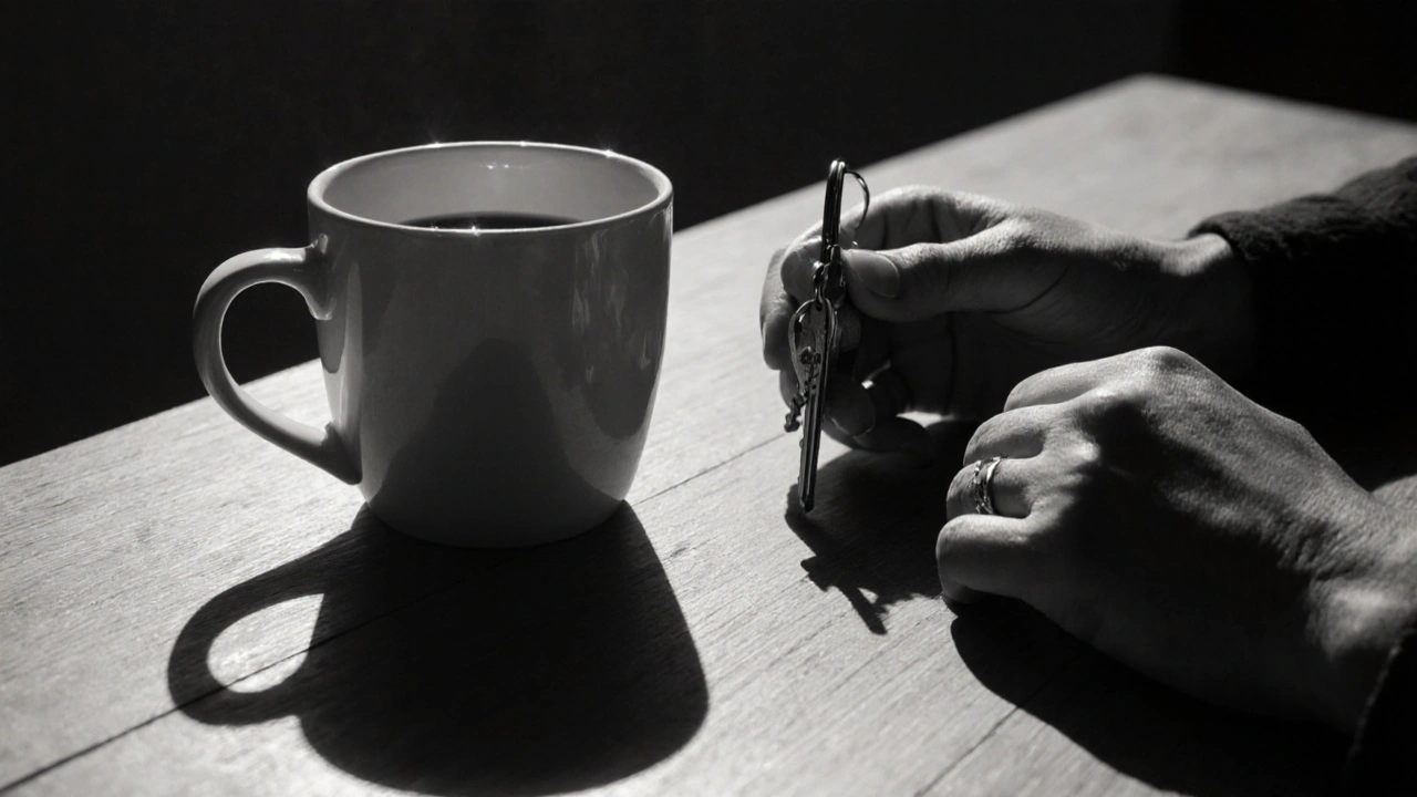 Twee handen op een tafel, een kop koffie en een sleutelbos, symbool van gelijkwaardigheid en vertrouwen.