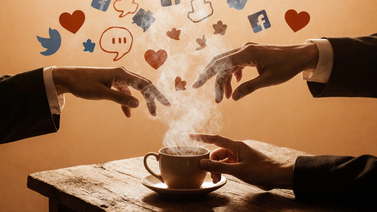 Twee handen raken elkaar aan een houten tafel, terwijl sociale media-icoontjes in rook oplossen.