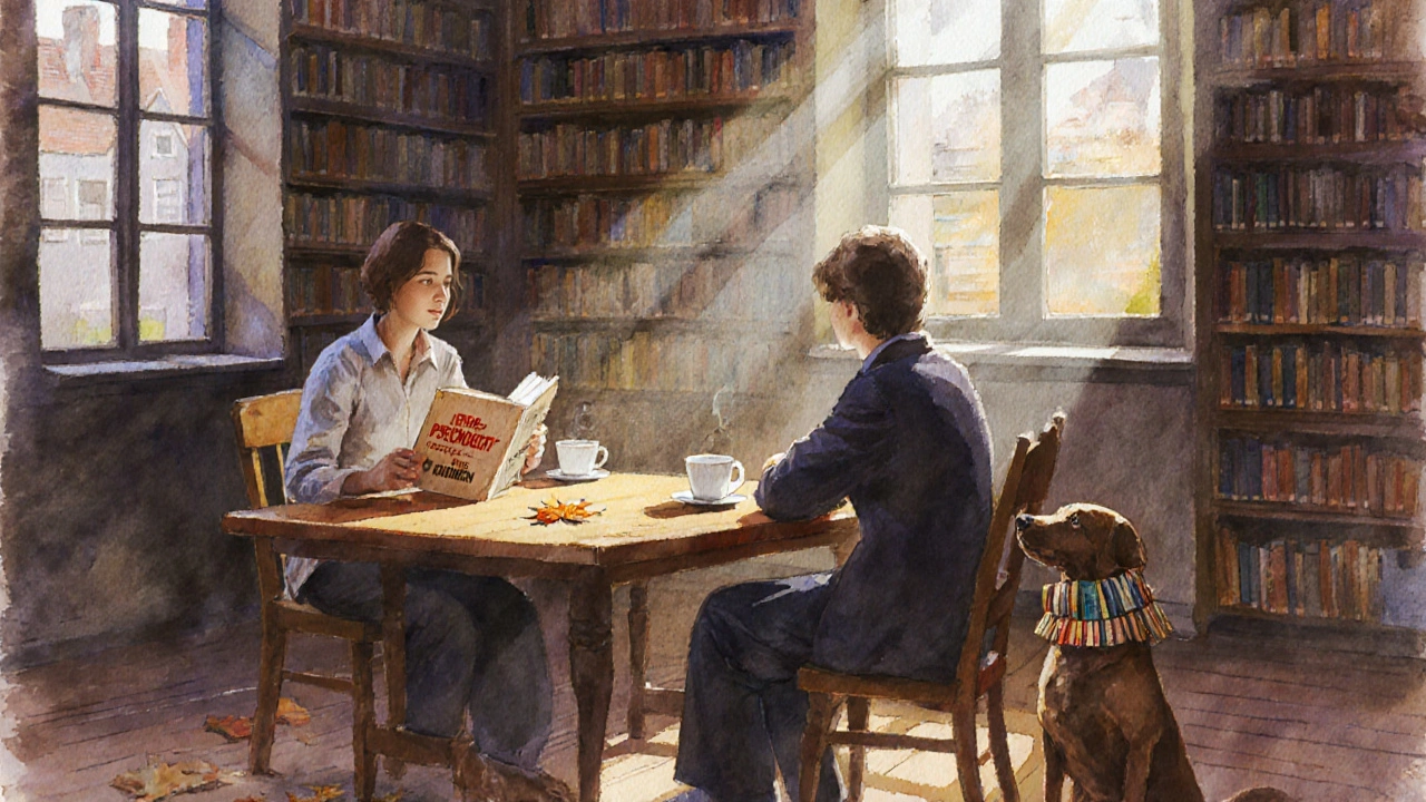 Twee mensen drinken koffie in een bibliotheek, een hond met een halsband van boeken naast ze.