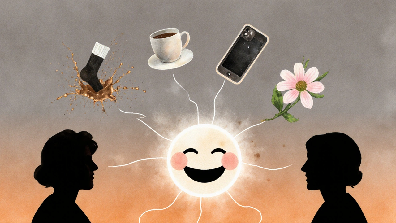 Twee silhouetten verbonden door een lachende gezichtslijn, symboliserend humor als relatielevenslijn.