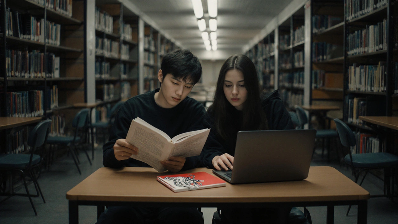 Twee studenten zitten stil naast elkaar in de bibliotheek, één leest, de ander typt, een octopus-tatoeage zichtbaar op een notitieboek.