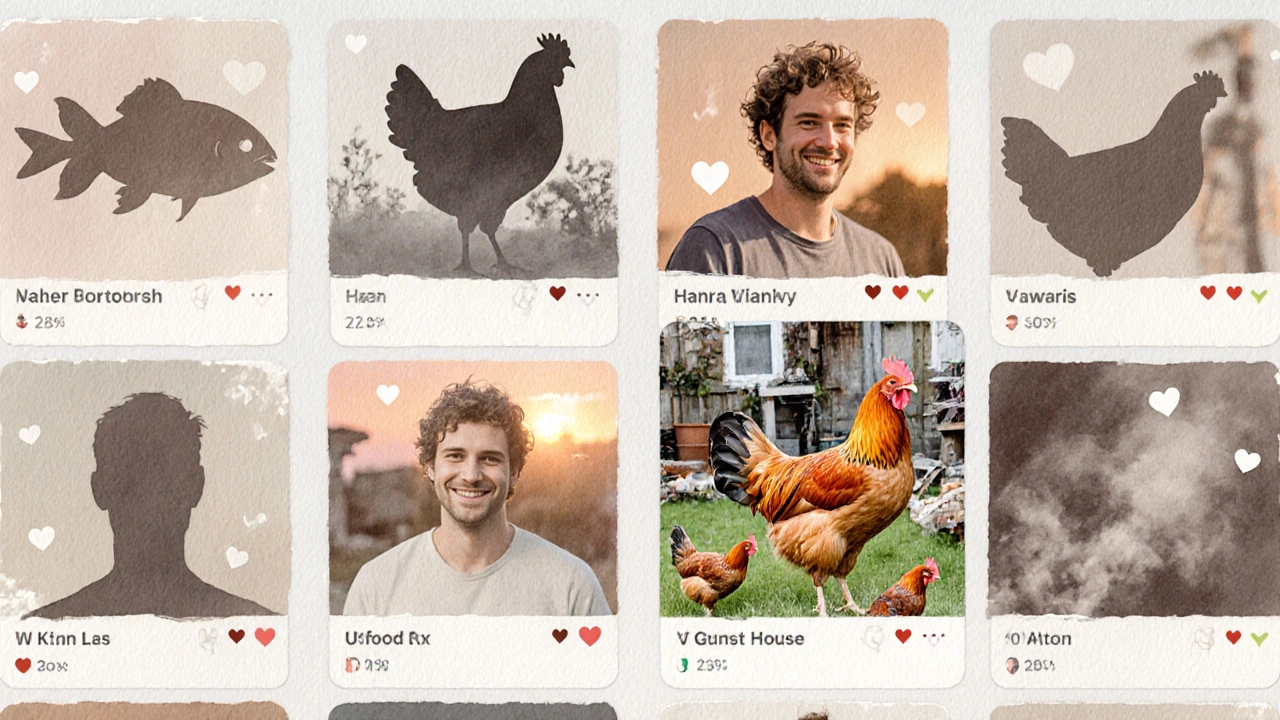 Watercolor profielgrid met clichés, maar één afbeelding toont een man met een kip, authentiek en levendig.