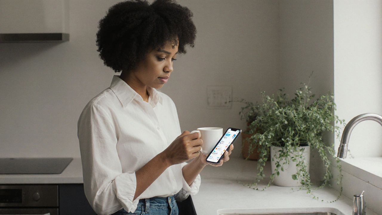 Woman in a sunlit kitchen, serene, ignoring glowing phone with unread messages.