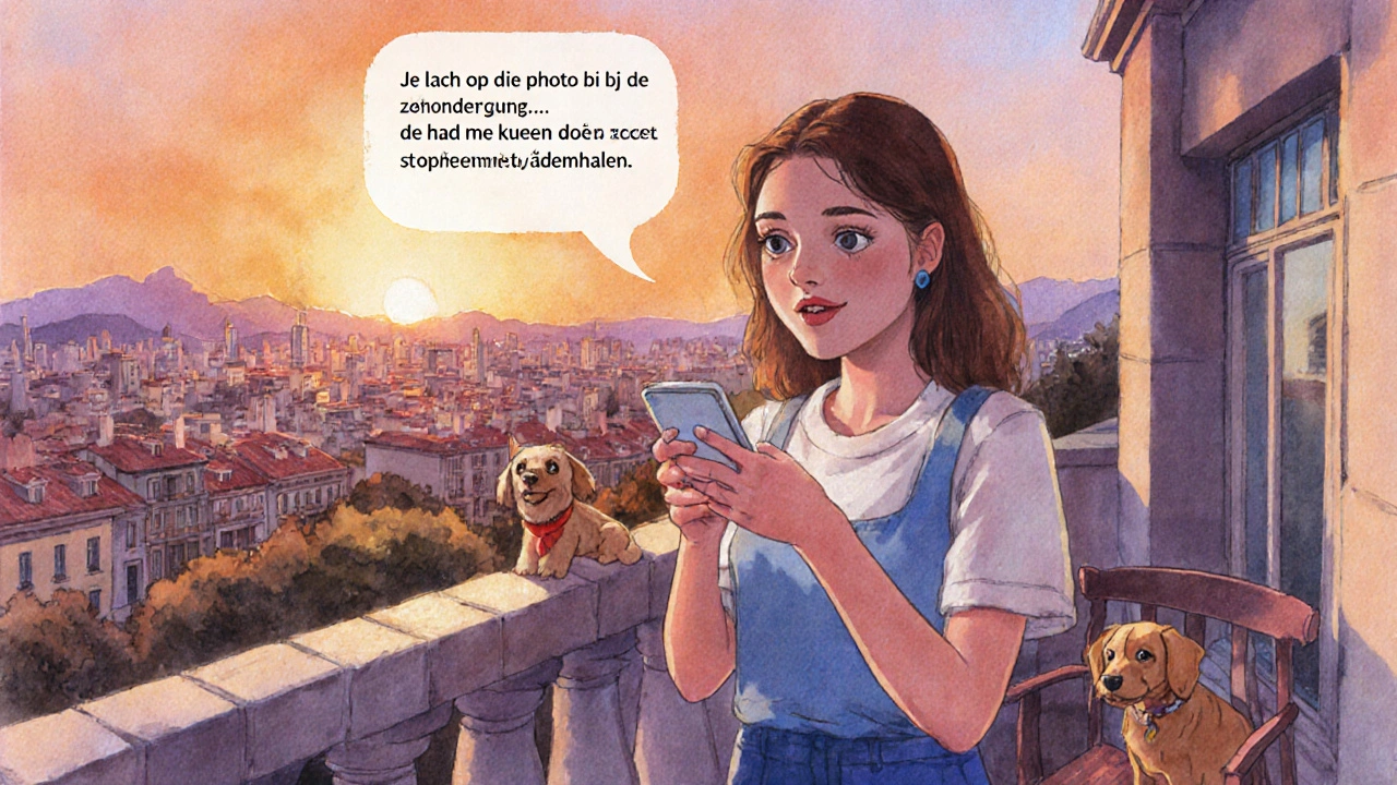 Woman smiling on a Barcelona balcony at sunset, looking at a glowing message on her phone.