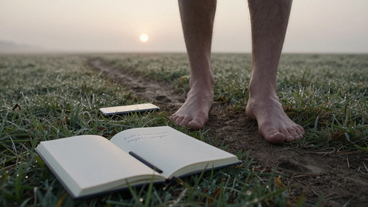 Bare voeten op gras met verbroken telefoon en dagboek met dankbaarheidsnotities.