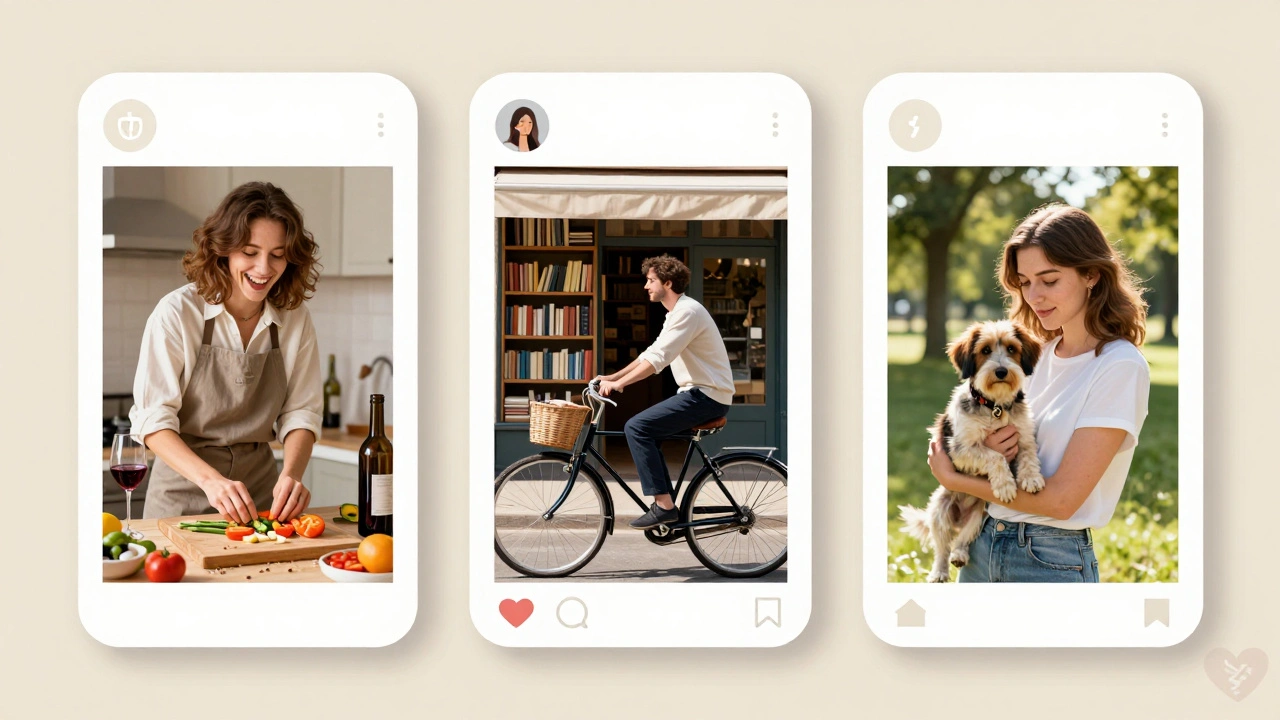 Drie authentieke profielfoto&#039;s: iemand bakend, fietsend en met een hond, in een minimalistisch app-ontwerp.
