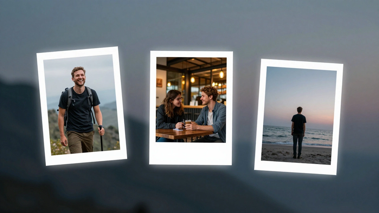 Drie foto’s van een man: lachend wandelend, met een vriend in een café, en alleen op een strand bij zonsondergang.