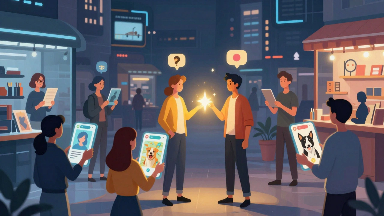 Een digitale markt met profielen als avatars die op elkaar swipen, met symbolen van interesses.