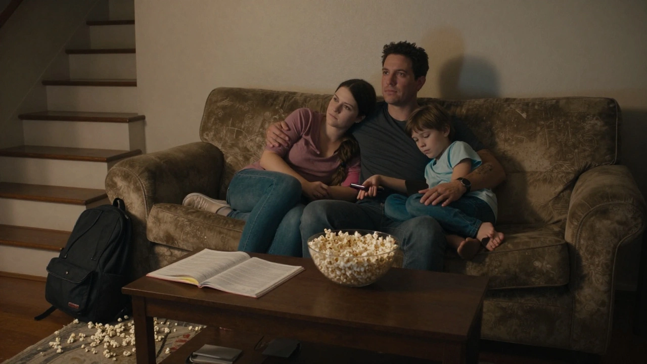 Een familie kijkt samen naar een film op de bank, speelgoed en schoolboeken verspreid op de vloer.