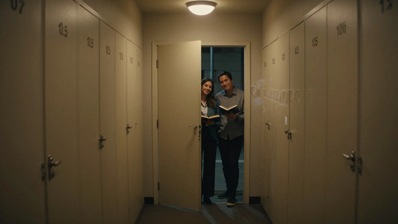 Een gang met 100 deuren, waarvan slechts één lichtend openstaat, waar een paar hand in hand staat onder een straatlamp.