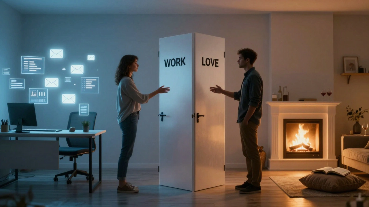 Een gesplitste ruimte: kantoor aan de ene kant, thuis aan de andere, met een transparante deur ertussen.