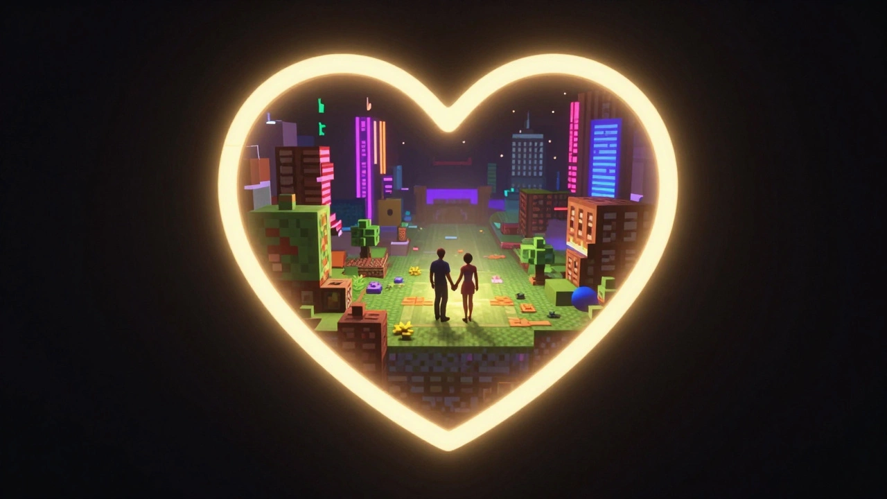 Een gloeiende lootbox met een klein koppel erin, omringd door pixel-achtige game-werelden als symbool voor echte connectie.