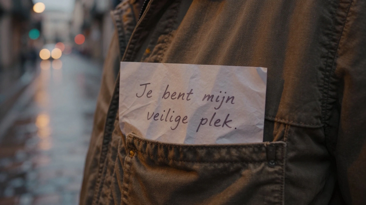 Een klein, gevouwen briefje met de tekst &#039;Je bent mijn veilige plek&#039; in een jaszak, met een vage Barcelona-achtergrond.