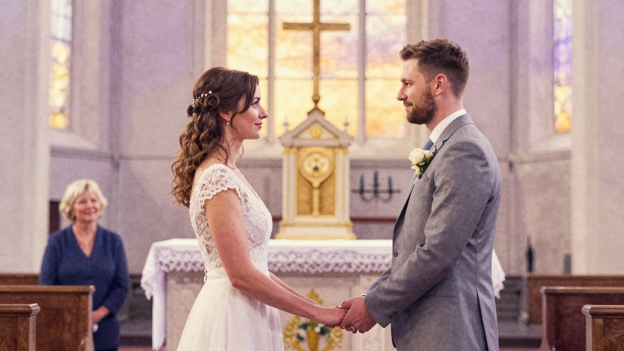 Een koppel aan het altaar in een kleine kerk, handen vasthoudend, zonder telefoons.