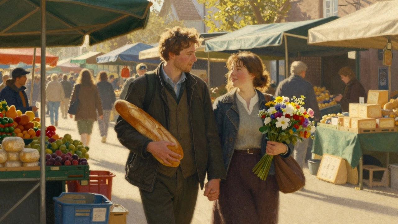 Een koppel wandelt door een levendige markt, zonder apparaten, met verse producten en zachte zonlicht.