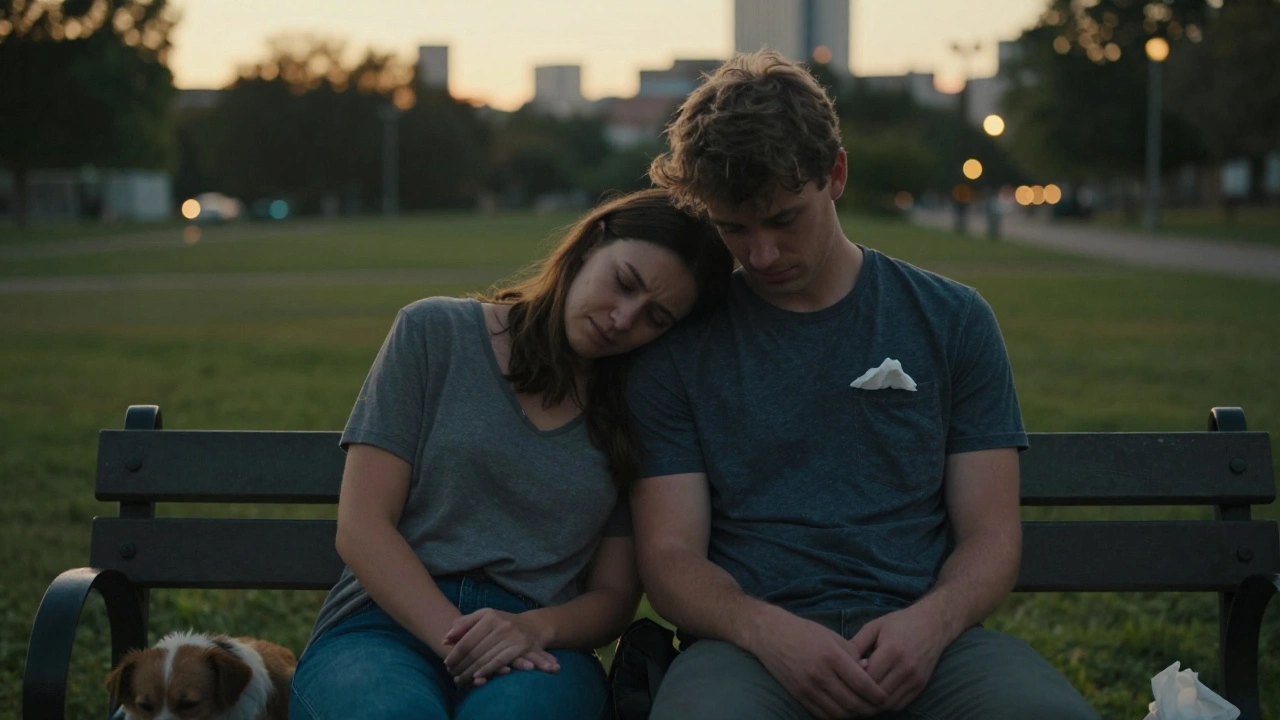 Een man en vrouw zitten stil op een bank in het park, hun hond tussen hen, zonsondergang achter hen.