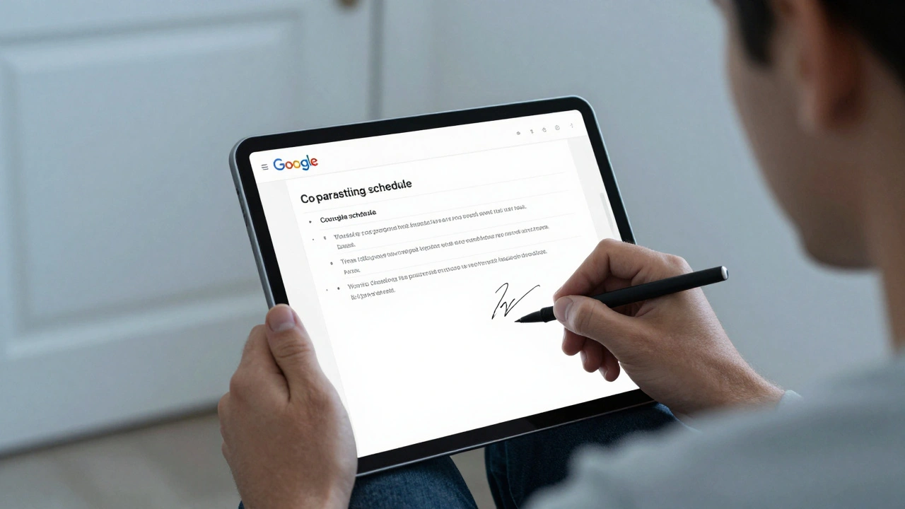 Een man ondertekent een duidelijk co-parentingplan terwijl zijn kind zijn schouder vasthoudt.
