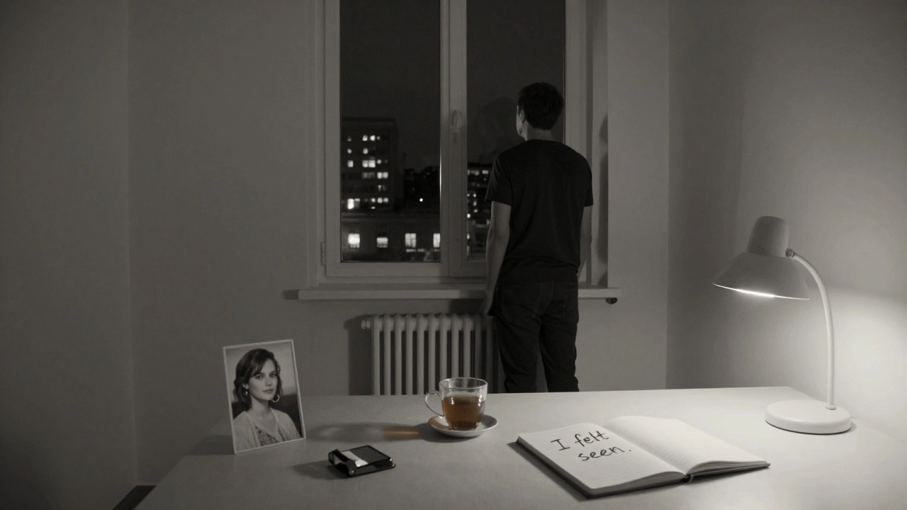 Een man staat alleen bij een raam, een foto en een notitieboek op tafel, rustige, emotionele sfeer.