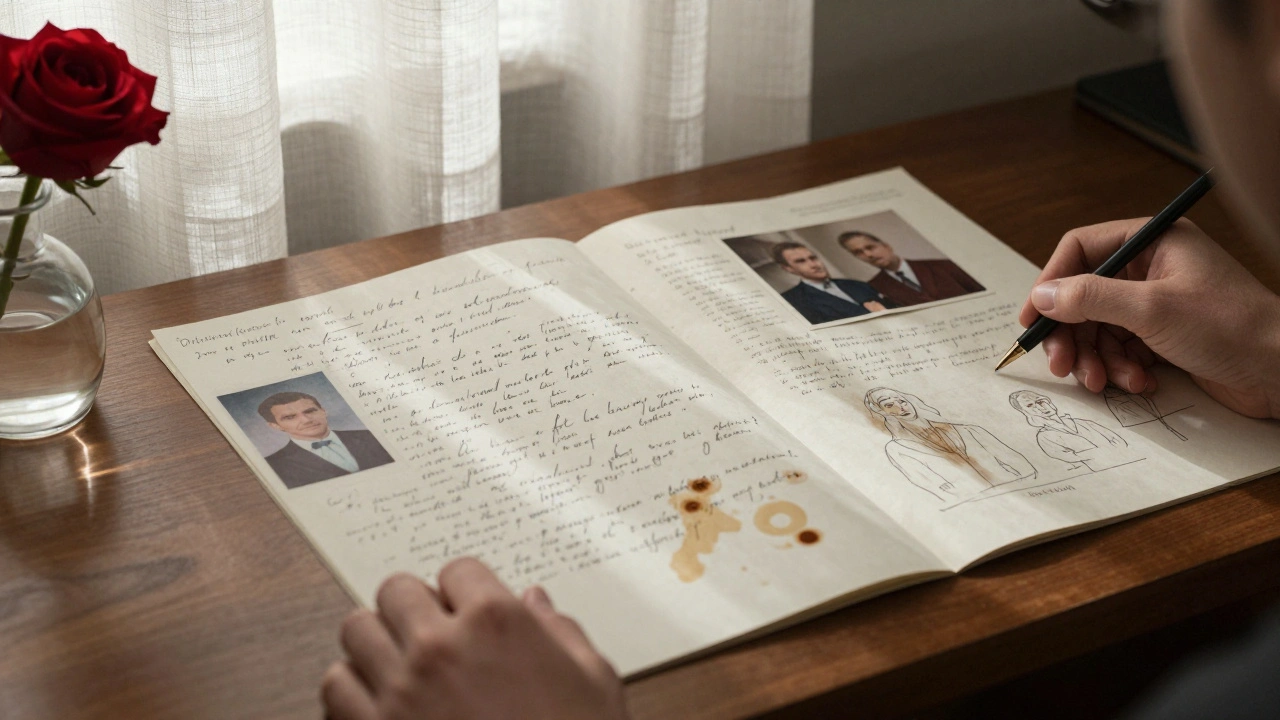 Een oude map met handgeschreven notities en foto&#039;s op een houten bureau.