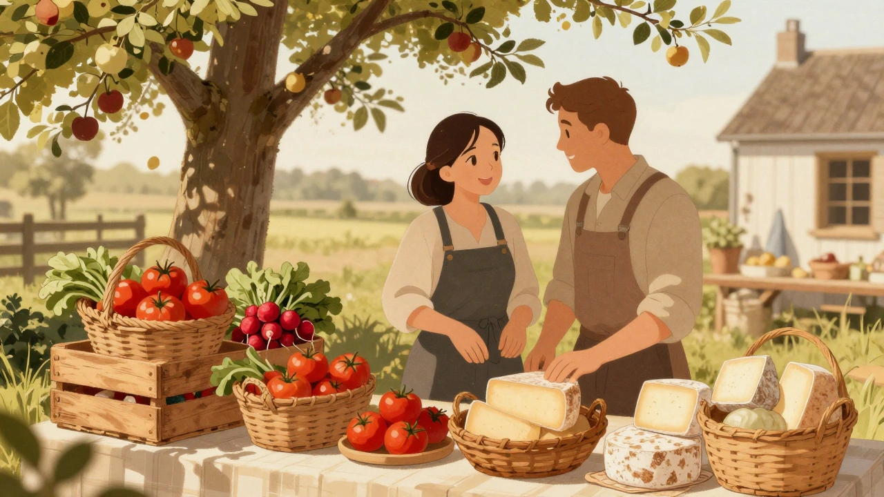 Een paar kiest verse groenten en kaas op een boerenmarkt zonder verpakking.